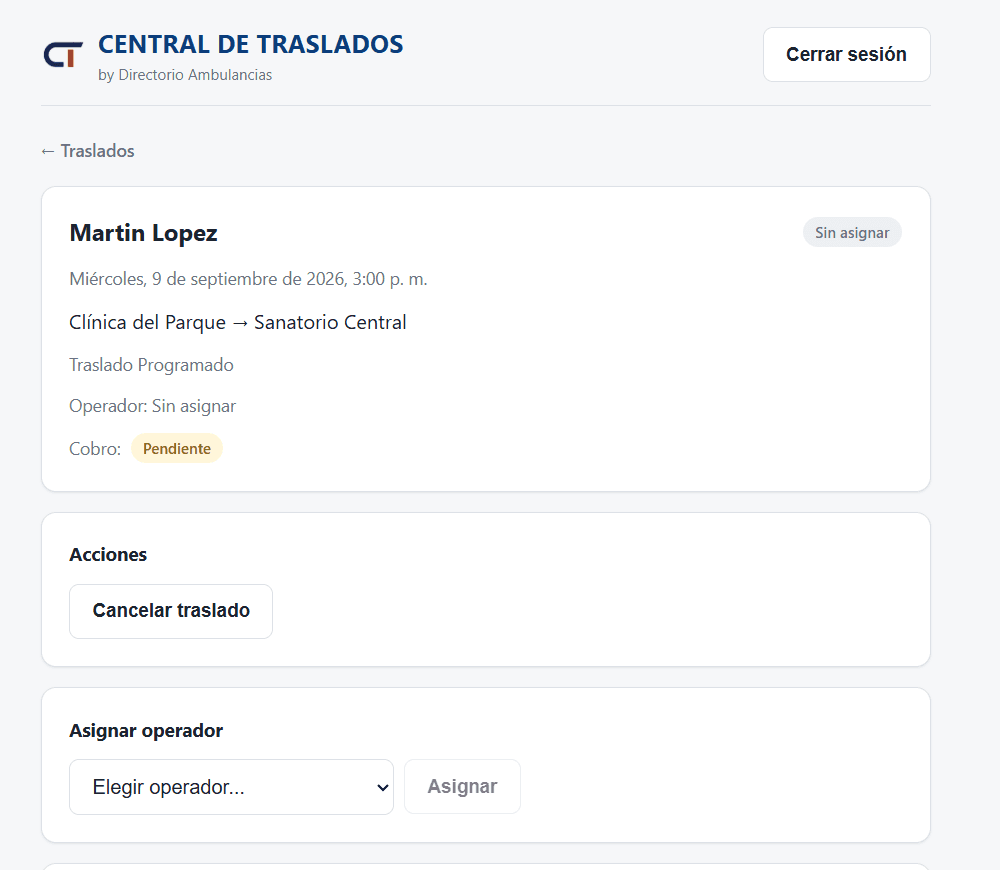 Central de Traslados — asignación de operador a un traslado