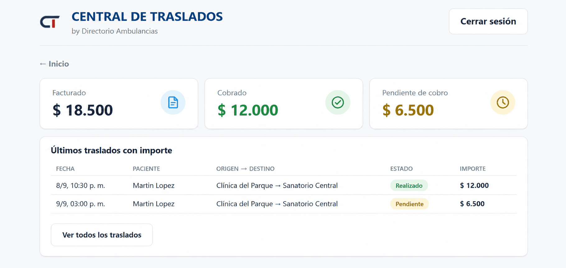 Central de Traslados — Finanzas, facturado, cobrado y pendiente de cobro