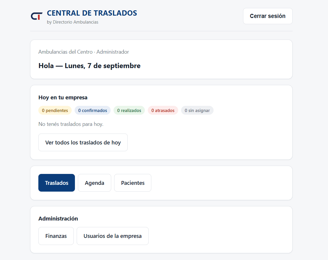 Central de Traslados — pantalla de inicio con el resumen del día