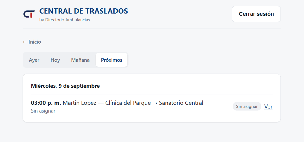 Central de Traslados — pestaña Próximos con los traslados programados
