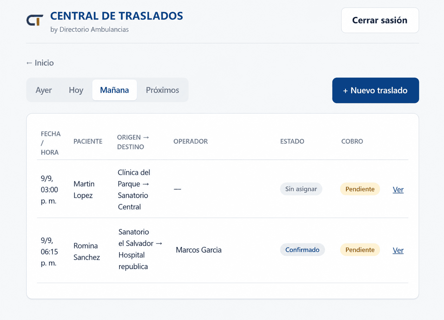 Central de Traslados — seguimiento de estado de cada servicio